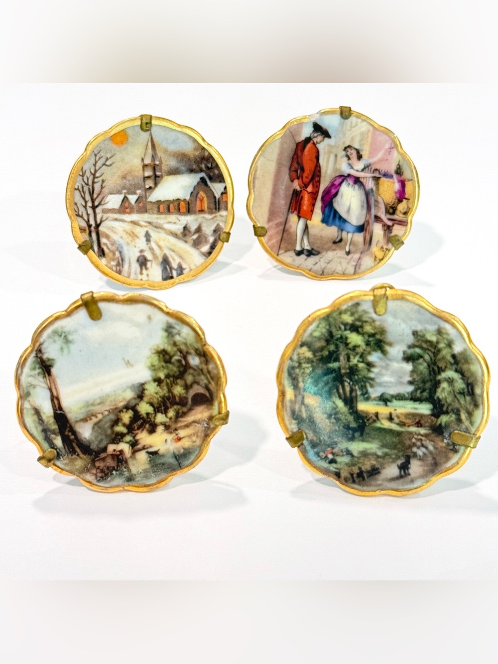 Vintage Limoges Miniature Plates Hand Painted Winter Scene & Nature Gold Trim